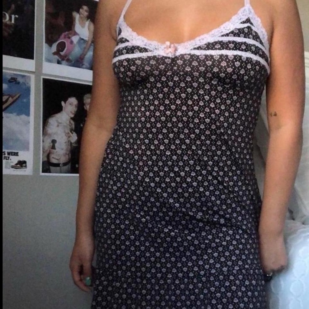 Black/Pink/White Pattern Lacy Nightgown Mini Dress with Bow Lace in Size Medium